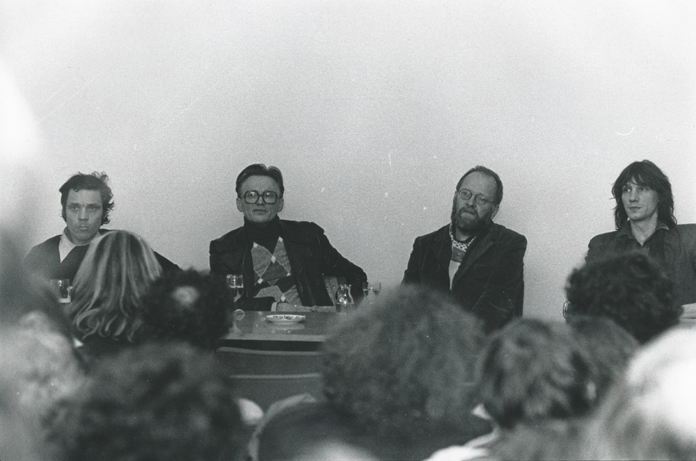 v.l.  Rainer Komers, Günter Westerhoff, Klaus Wildenhahn, Werner Ružička
  Foto: Paul  Hofmann, 5. Duisburger Filmwoche, 14.11.1981